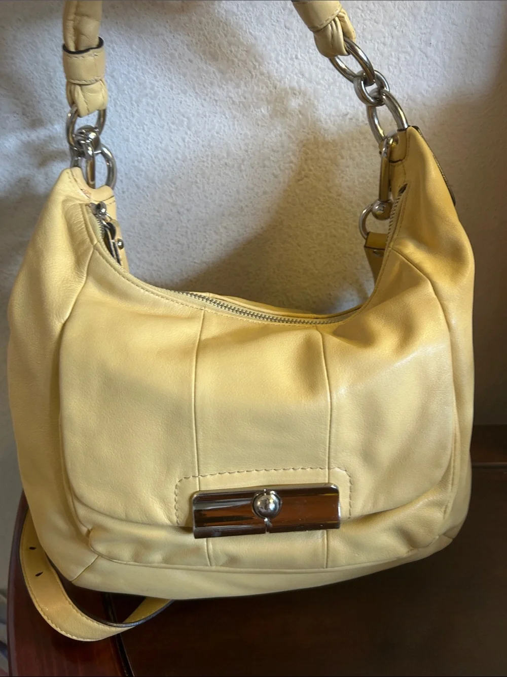 Coach Yellow Leather Hobo Bag with Chain Accented Long Strap